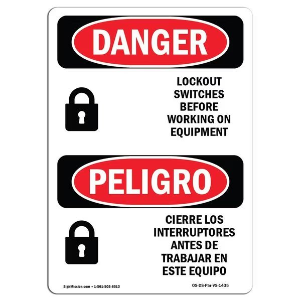 OSHA Sign, Lockout Switches Before Working Bilingual, 10in X 7in Alum, 7